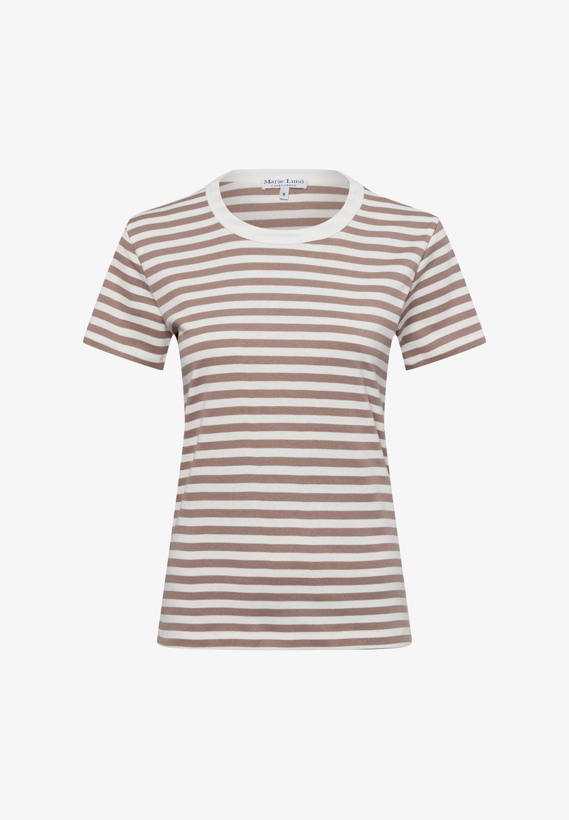 Brown and white striped short-sleeve t-shirt with a round neckline, made of soft fabric, casual fit, featuring evenly spaced horizontal stripes.