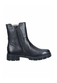 Schwarze Lederstiefelette mit seitlichem Reißverschluss, runder Zehenform und robuster Gummisohle mit strukturiertem Profil für guten Halt. Glatte Oberfläche, minimale Akzente.