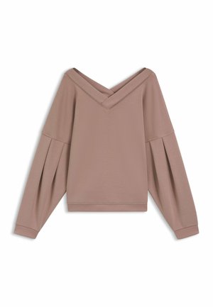 Ljusbrun sweatshirt med V-ringning, plisserade långa ärmar och cropped passform. Tillverkad av mjukt tyg med en slät yta.