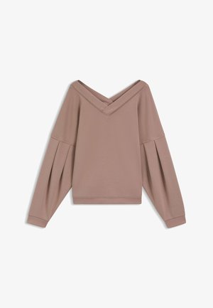 Lichtbruin sweatshirt met een V-halsontwerp, geplooide lange mouwen en een cropped pasvorm. Gemaakt van zacht materiaal met een gladde textuur.