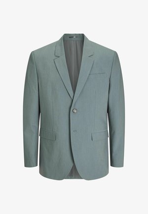 Hellblau-grauer Blazer aus strukturiertem Stoff, mit einem einzelnen Knopfverschluss, Reverskragen und zwei Fronttaschen.