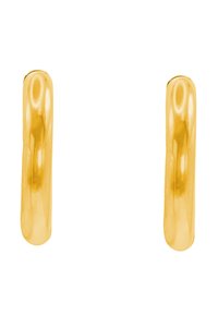 Orecchini a cerchio in tono oro con una superficie liscia e lucida; design allungato e cilindrico con una leggera curvatura. Adatti a vari stili.
