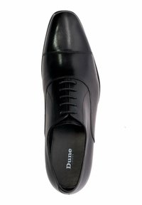 Black leather dress shoe with a pointed toe, six eyelets for laces, and a smooth, glossy finish. Brand logo visible on the insole.