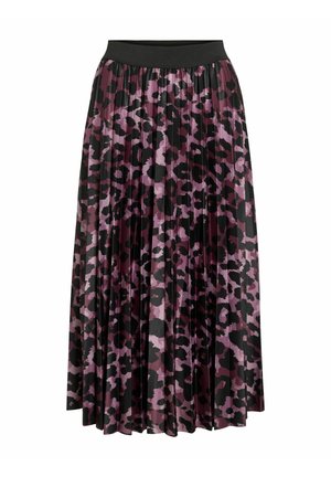 Pleated midi skirt in a purple and black leopard print. Elastic waistband, flowing fabric, and distinct animal pattern combine for a modern look.