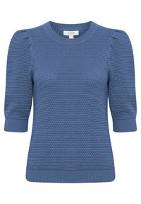 Modrý pletený svetr s kulatým výstřihem, krátkými nabíranými rukávy a žebrovanými manžetami a lemem. Textura má po celém povrchu vystouplý vzor.