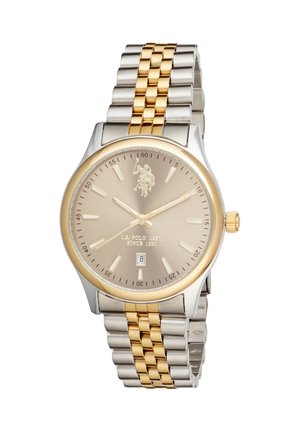 Orologio da polso Uomo U.S. Polo Assn. con cinturino in metallo bicolore oro e argento, quadrante beige, indici dorati, finestra per la data e logo a ore 12.