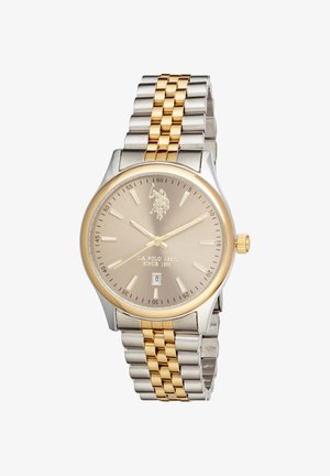 Montre-bracelet pour homme de U.S. Polo Assn. avec bracelet en métal or et argent, cadran beige, index dorés, fenêtre de date et logo à 12 heures.