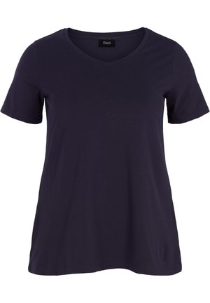 T-shirt bleu marine foncé à manches courtes avec un col en V, fabriqué en coton doux, offrant une coupe décontractée.
