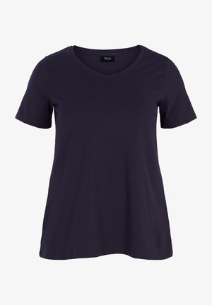 Tamsiai mėlynas trumpomis rankovėmis marškinėliai su V formos iškirpte, pagaminti iš minkštos medvilnės ir turintys laisvą siluetą.