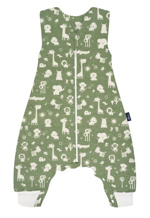 Green cotton overall featuring a playful white animal pattern. Zipper at the front and white cuffs at the ankles. Soft texture.