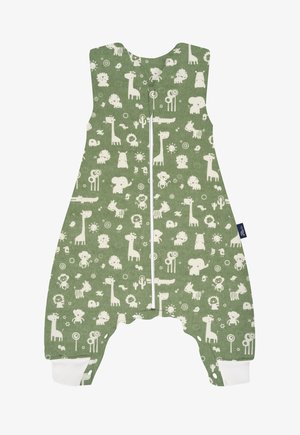 Green cotton overall featuring a playful white animal pattern. Zipper at the front and white cuffs at the ankles. Soft texture.