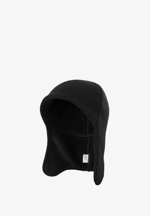 Cappuccio nero lavorato a maglia con fodera morbida in pile. Presenta un design aderente con una copertura estesa per le orecchie, ideale per il freddo.