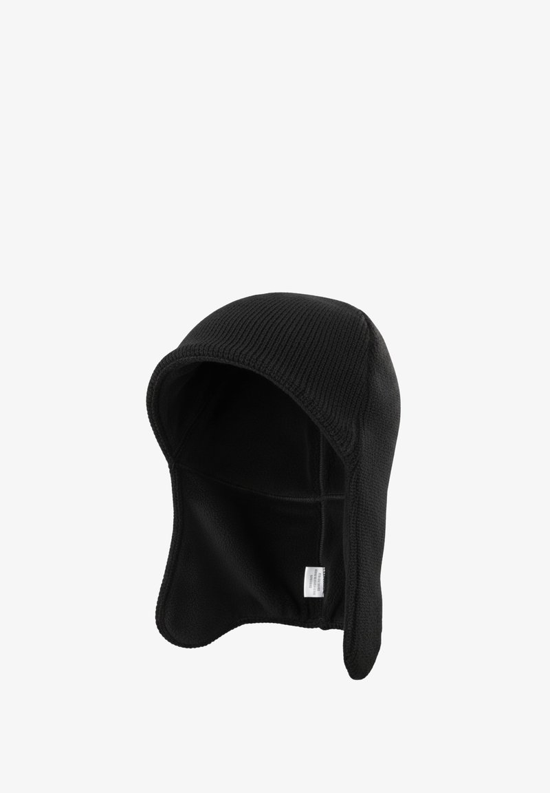 Cagoule en maille noire avec une doublure douce en polaire. Présente un design ajusté avec une protection étendue des oreilles, idéal pour temps froid.