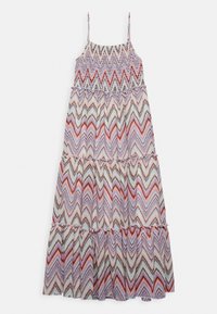 Maxikleid mit Chevron-Mustern in Pink, Blau und Schwarz. Dünne Träger, geraffter Oberkörper und gestufte Volants am Saum.