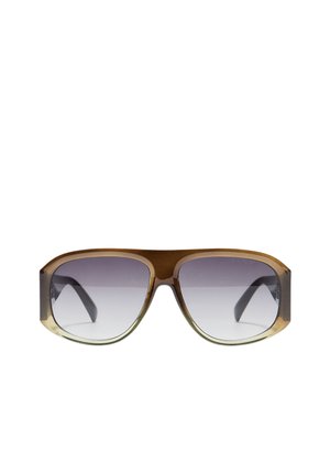 Lunettes de soleil oversize dégradé marron et beige avec des verres carrés et des verres dégradés teintés foncés.
