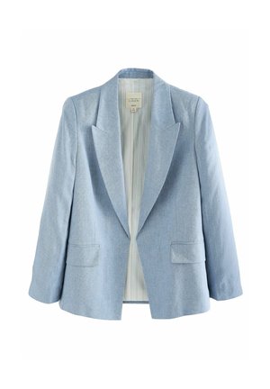 Blazer de lino azul claro con cuello de muesca, frente abierto, cierre de un botón, dos bolsillos frontales y forro interior a rayas.