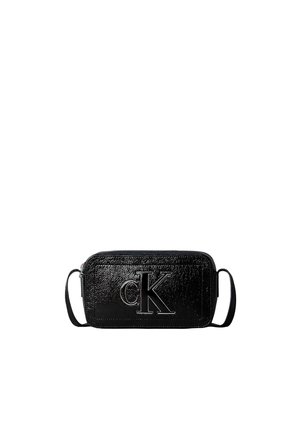 Black textured leather rectangular bag with strap featuring embossed large "cK" logo on the front.