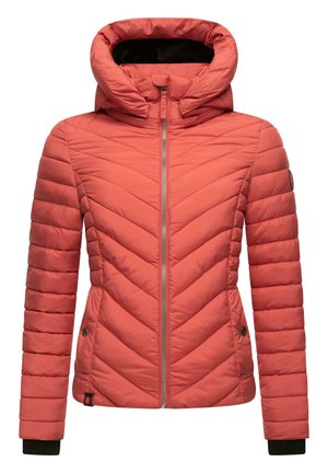 Gevoerde koraalkleurige jas met een capuchon, voorzien van chevronstiksels, een ritssluiting aan de voorzijde en zwarte ribgebreide manchetten. Inclusief zijknopen en logo detail.