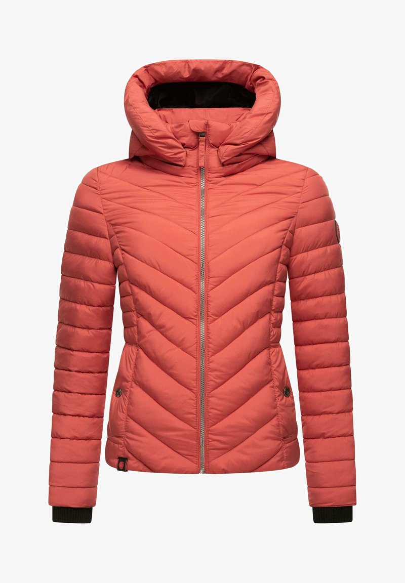 Padded coral jacket with a hood, featuring chevron stitching, a front zipper, and black ribbed cuffs. Side buttons and logo detail included.
