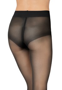 Collant neri trasparenti con una texture liscia, vita alta e una finitura semi-trasparente, che mettono in mostra un design aderente sul retro.