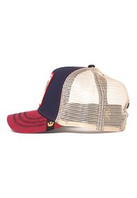 Cappellino rosso e blu navy con retro in rete, caratterizzato da una visiera curva, modelli di cucitura a contrasto e una toppa con logo sul pannello frontale.