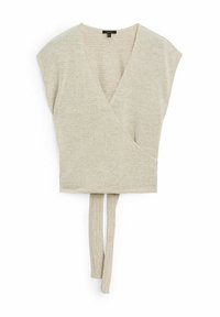 Short-sleeve, wrap top in light beige, made from textured fabric, featuring a V-neck and long ties at the waist for adjustment.