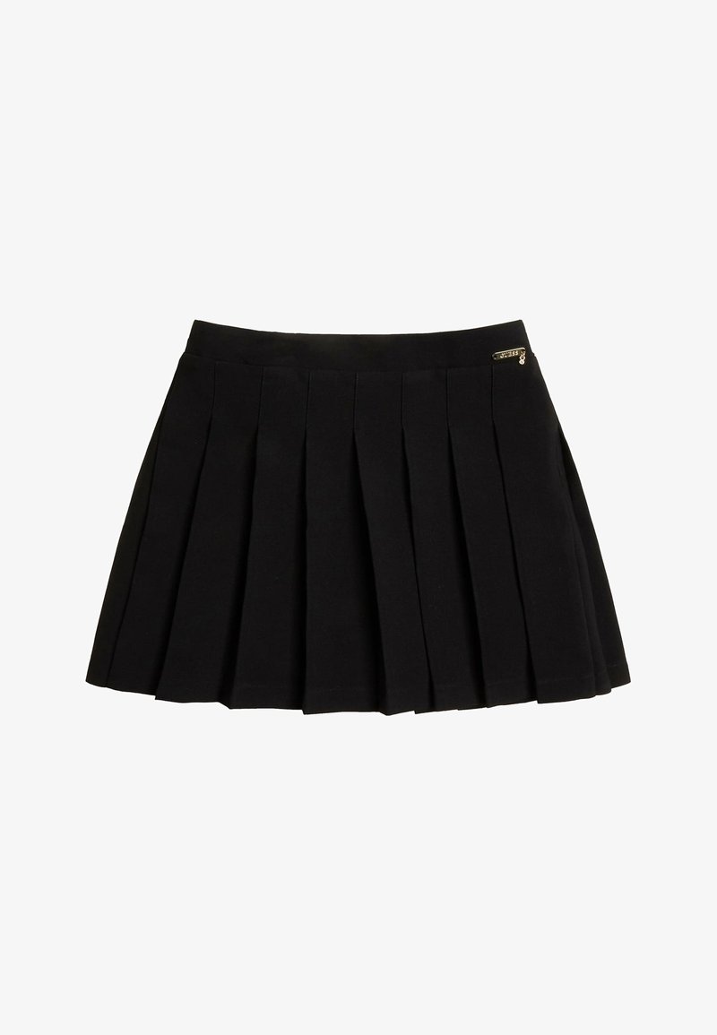 Jupe plissée noire avec une ceinture droite et une petite étiquette de marque en métal près du haut côté droit.