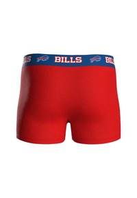 Red boxer briefs with a blue waistband. The waistband features "BILLS" in white lettering and a logo design. Smooth fabric texture.