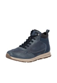 Sneaker alto navy realizzato in materiali misti, con un pannello laterale testurizzato, suola in gomma e lacci neri con un tab di presa sul retro.