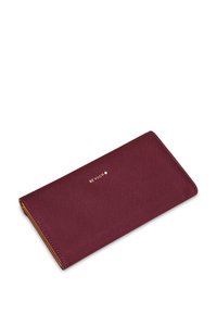 Burgundy wallet with a textured finish, gold logo detail, and a sleek design. Features a rectangular shape and smooth edges.