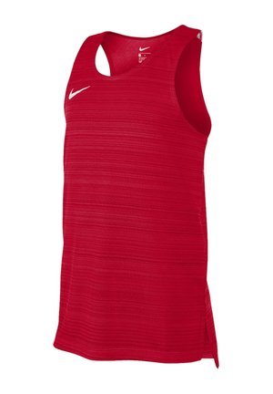 Rød ærmeløs Nike atletik tanktop med diskrete vandrette striber og et hvidt Nike swoosh-logo på venstre bryst.