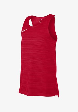 Rød ærmeløs Nike atletik tanktop med diskrete vandrette striber og et hvidt Nike swoosh-logo på venstre bryst.