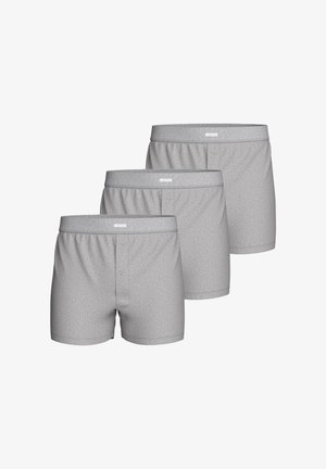 Drei graue Boxershorts aus weichem Stoff mit elastischem Bund und einem Knopfverschluss. Einfaches Design mit leichtem Material.