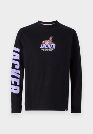 Black long-sleeve t-shirt made of cotton with a crew neckline. Features "JACKER" graphic and playful artwork on the chest and sleeve.