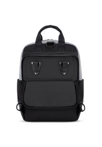 Black and gray backpack with dual top handles, front pocket with clasps, and side pockets. Made from durable fabric with a smooth texture.