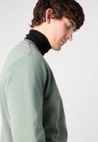 Lys grønn sweatshirt med rund hals og en ribbet svart høyhalset genser under. Myk tekstur, avslappet passform og minimal merking synlig.