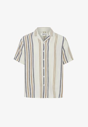 Chemise à manches courtes avec des rayures verticales en crème, marron et bleu marine. Dotée d'un col évasé et d'une fermeture à boutons. Tissu texturé.