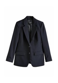 Blazer noir à un bouton avec revers crantés, deux boutons, manches longues et poches à rabat à l'avant, présenté sur un fond blanc.