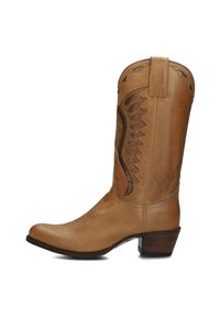 Tan leren cowboylaars met ingewikkelde bruine stiksels en een smalle, puntige neus. Heeft een decoratief ontwerp op de schacht en een gestapelde hak.