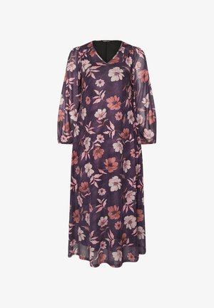 Abito lungo floreale viola con maniche a palloncino e scollatura a V. Presenta un tessuto trasparente con motivi di fiori rosa e bianchi in tutto l'abito.