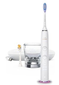 Spazzolino elettrico Philips Sonicare in bianco e argento, con una testina blu e gialla, accompagnato da un bicchiere e una custodia di ricarica.