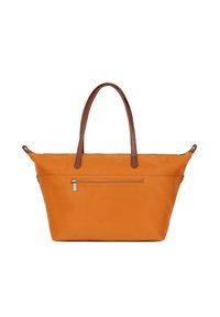 Oranje nylon tas met bruine leren handvatten. Voorzien van een ritsvak aan de voorkant en een ruime open bovenkant voor gemakkelijke toegang.