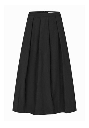 Černá midi sukně s vysokým pasem, širokými sklady, A-liniovým tvarem a zapínáním na zadním zipu.