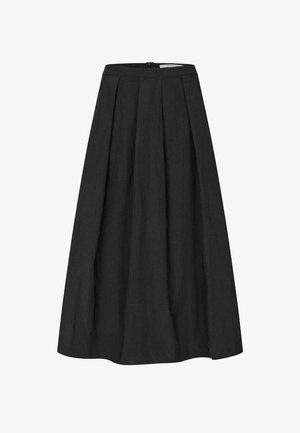 Černá midi sukně s vysokým pasem, širokými sklady, A-liniovým tvarem a zapínáním na zadním zipu.