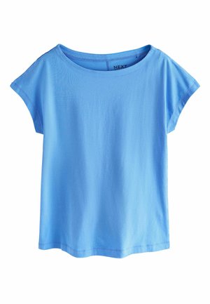 Lyseblå kortærmet bomulds-T-shirt med rund halsudskæring og afslappet pasform, mærkatet inde i kraven lyder "NEXT".