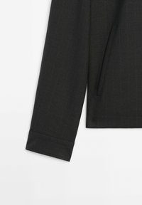 Manche de veste de costume gris foncé et détail de poche latérale sur fond blanc uni.