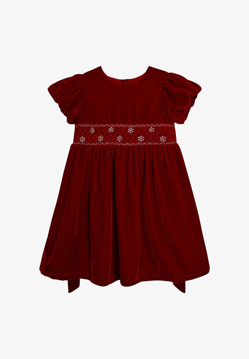 Rot samt Kleid mit Puffärmeln und gerafftem Taillenbund, verziert mit weißen Schneeflockenmuster. Ausgestellter Rock und Knopfverschluss hinten.
