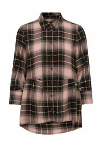 Chemise à carreaux boutonnée avec manches longues, présentant un mélange de couleurs noir, rose et beige, et un design évasé avec un ourlet arrondi.