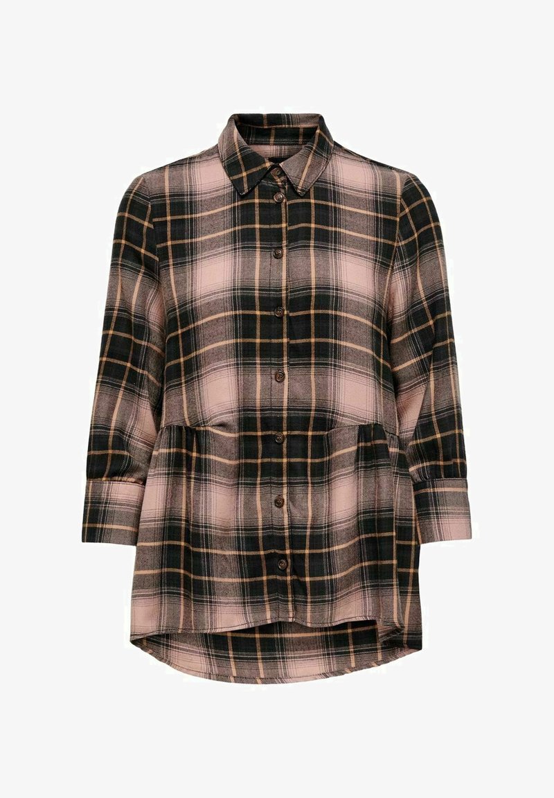 Chemise à carreaux boutonnée avec manches longues, présentant un mélange de couleurs noir, rose et beige, et un design évasé avec un ourlet arrondi.