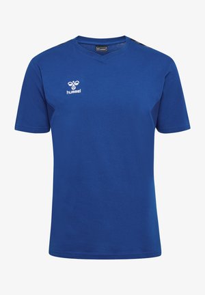 Blå bomulds T-shirt med korte ærmer og V-hals. Har et lille hvidt logo på venstre bryst og kontrasterende sidekanter.